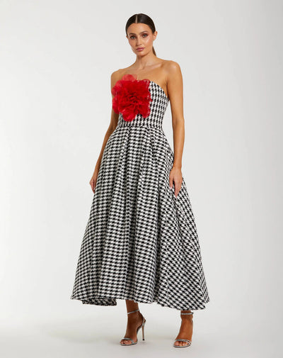 Ieena Duggal 37068 - Strapless Boucle A-Line Dress with Floral Bust In Black and White