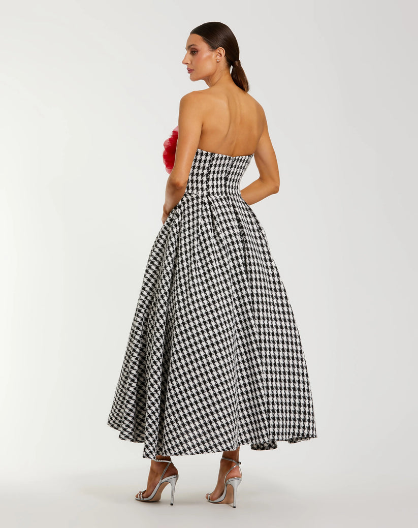 Ieena Duggal 37068 - Strapless Boucle A-Line Dress with Floral Bust In Black and White