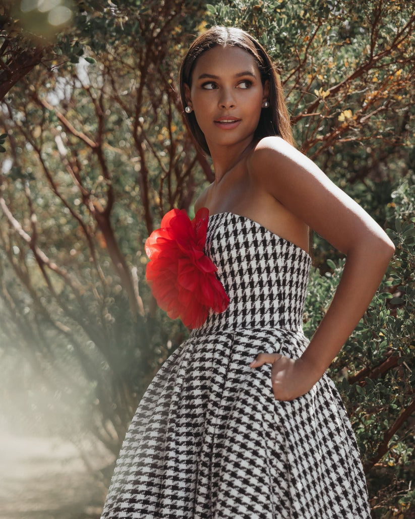 Ieena Duggal 37068 - Strapless Boucle A-Line Dress with Floral Bust In Black and White