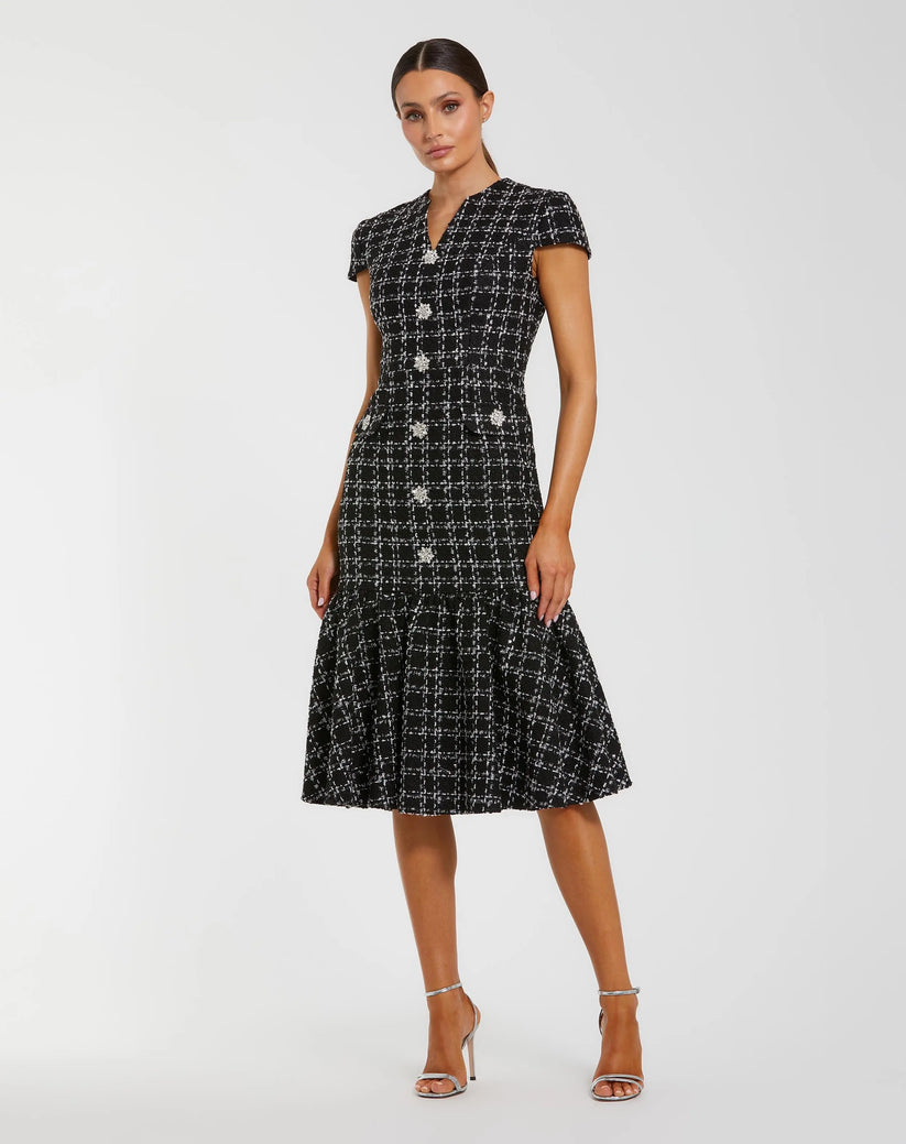Mac Duggal 37071 - Cap Sleeve Boucle Tea-Length Dress In Black and Silver