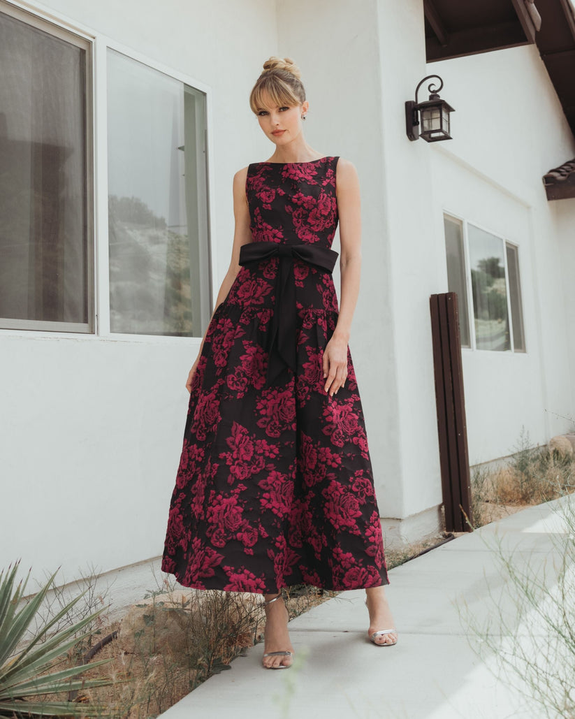 Ieena Duggal 37091 - Bateau Neck Drop Waist Brocade Dress In Purple and Multi