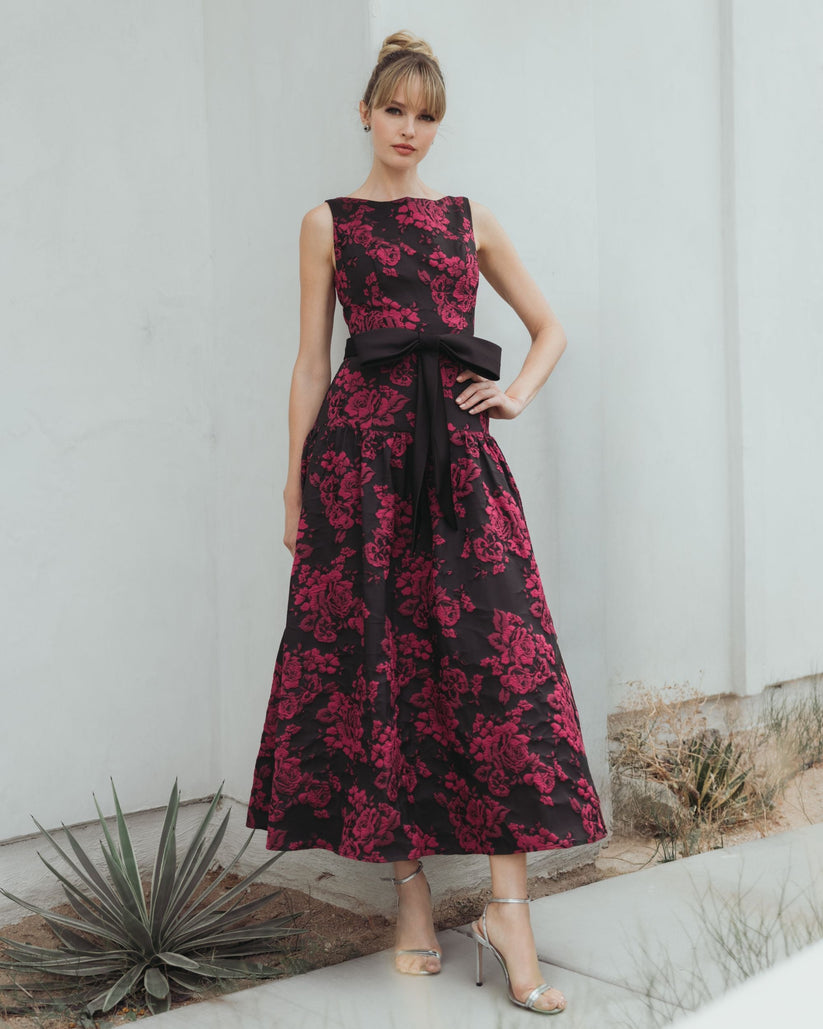 Ieena Duggal 37091 - Bateau Neck Drop Waist Brocade Dress In Purple and Multi