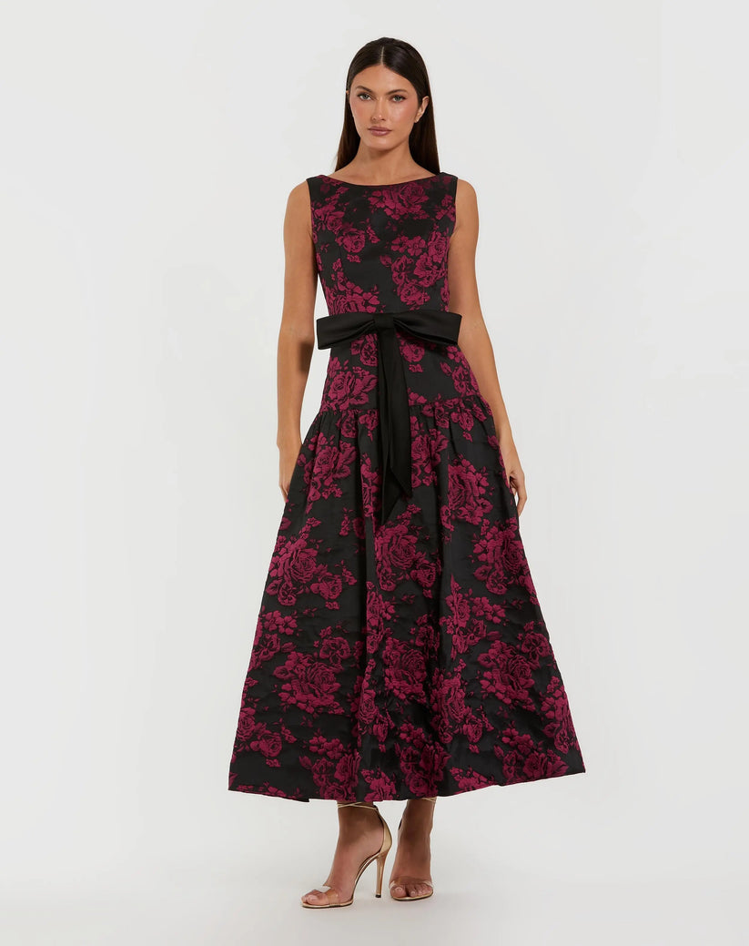 Ieena Duggal 37091 - Bateau Neck Drop Waist Brocade Dress In Purple and Multi