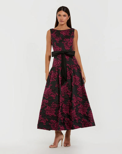 Ieena Duggal 37091 - Bateau Neck Drop Waist Brocade Dress In Purple and Multi