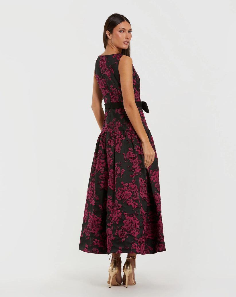 Ieena Duggal 37091 - Bateau Neck Drop Waist Brocade Dress In Purple and Multi