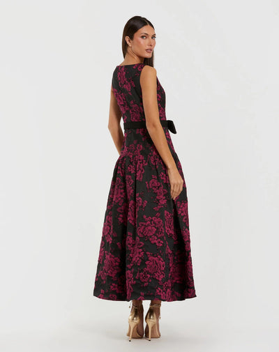 Ieena Duggal 37091 - Bateau Neck Drop Waist Brocade Dress In Purple and Multi