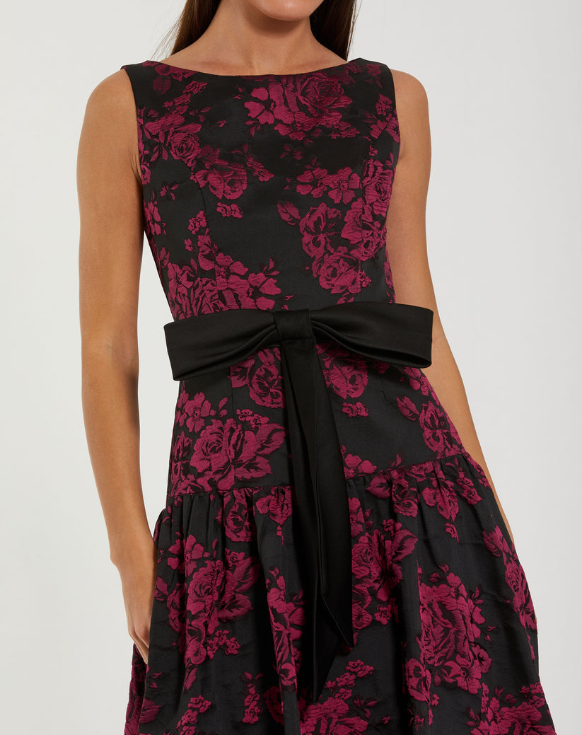 Ieena Duggal 37091 - Bateau Neck Drop Waist Brocade Dress In Purple and Multi