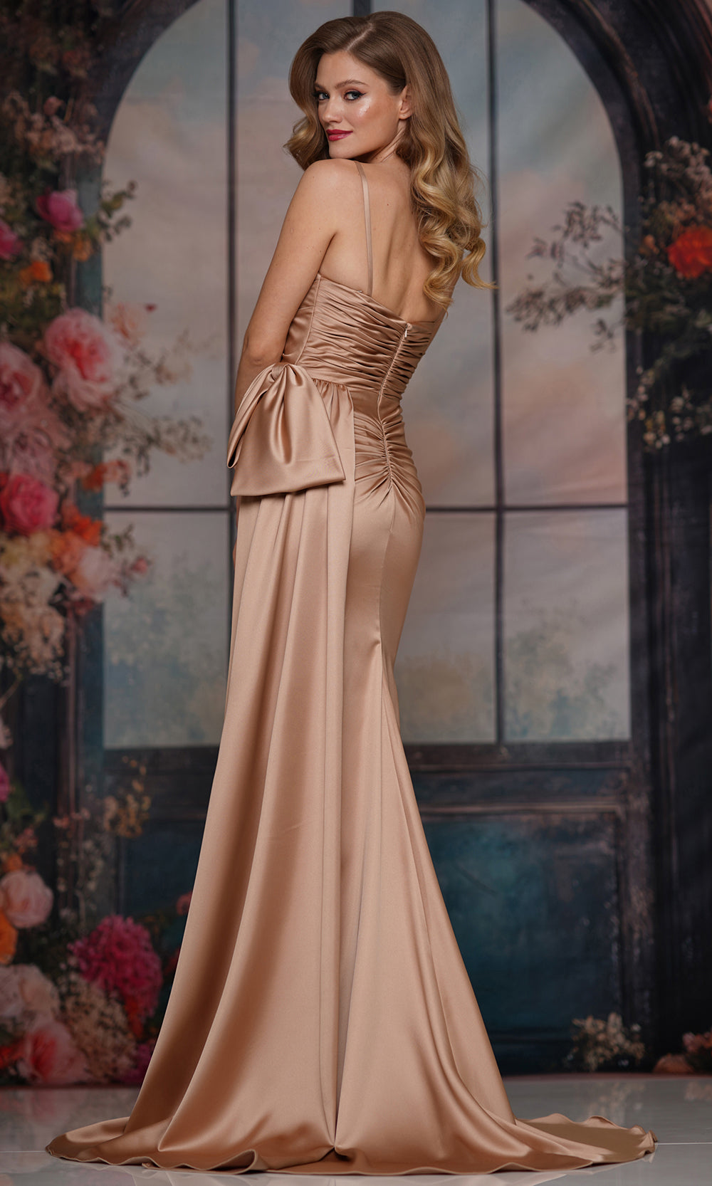 gold satin ruched dress Ruched Satin Gown with Plunging Neckline D5013