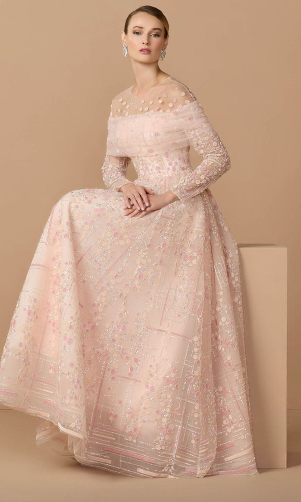 Mac Duggal 37119 - Embroidered Illusion Jewel Prom Gown Mother of the Bride Dresses in Pink