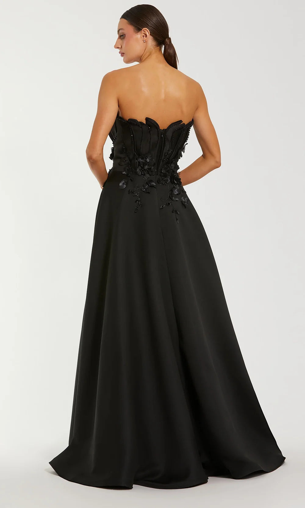 Mac Duggal - Black Strapless Satin Floral Embellished Ball Gown - Black / US 14 Mac Duggal - Black Strapless Satin Floral Embellished Ball Gown - Black / US 14