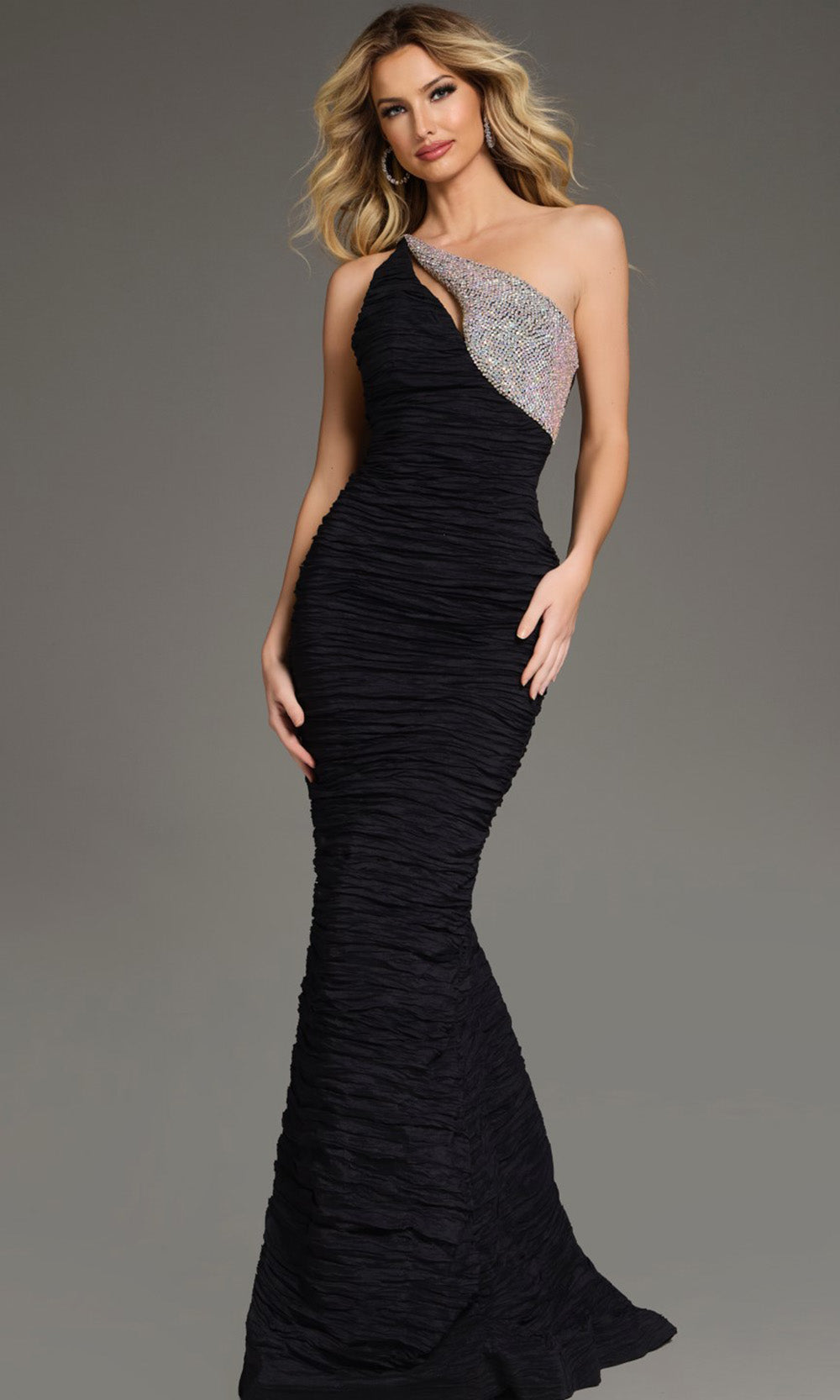 Jovani 37267 - Asymmetric Embellished Ruched Gown