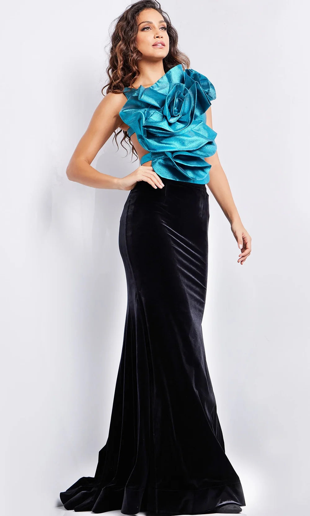 Jovani 37363 - Velvet Mermaid Evening Gown with Floral Top Prom Dresses  in Teal Black 