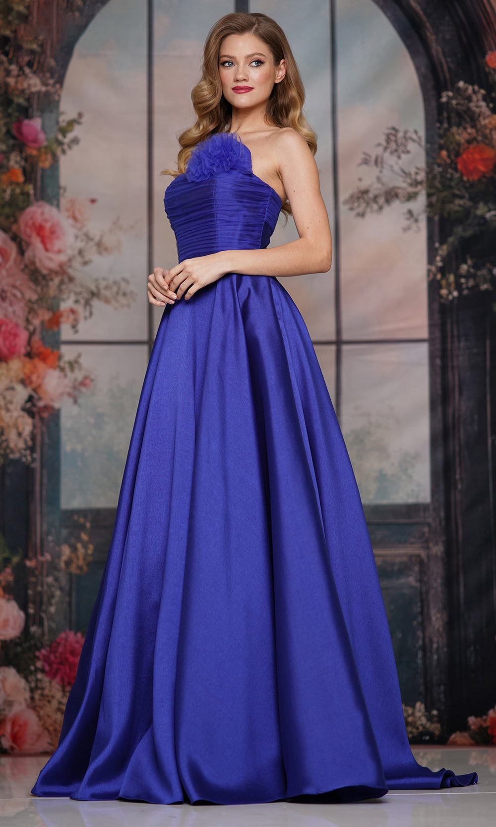 Colors Dress 3737 - Straight Neckline Gown with Floral Accent Prom Dresses