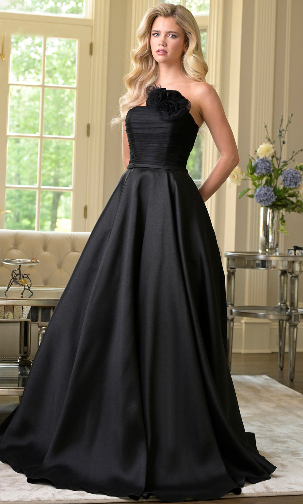 Colors Dress 3737 - Straight Neckline Gown with Floral Accent Prom Dresses