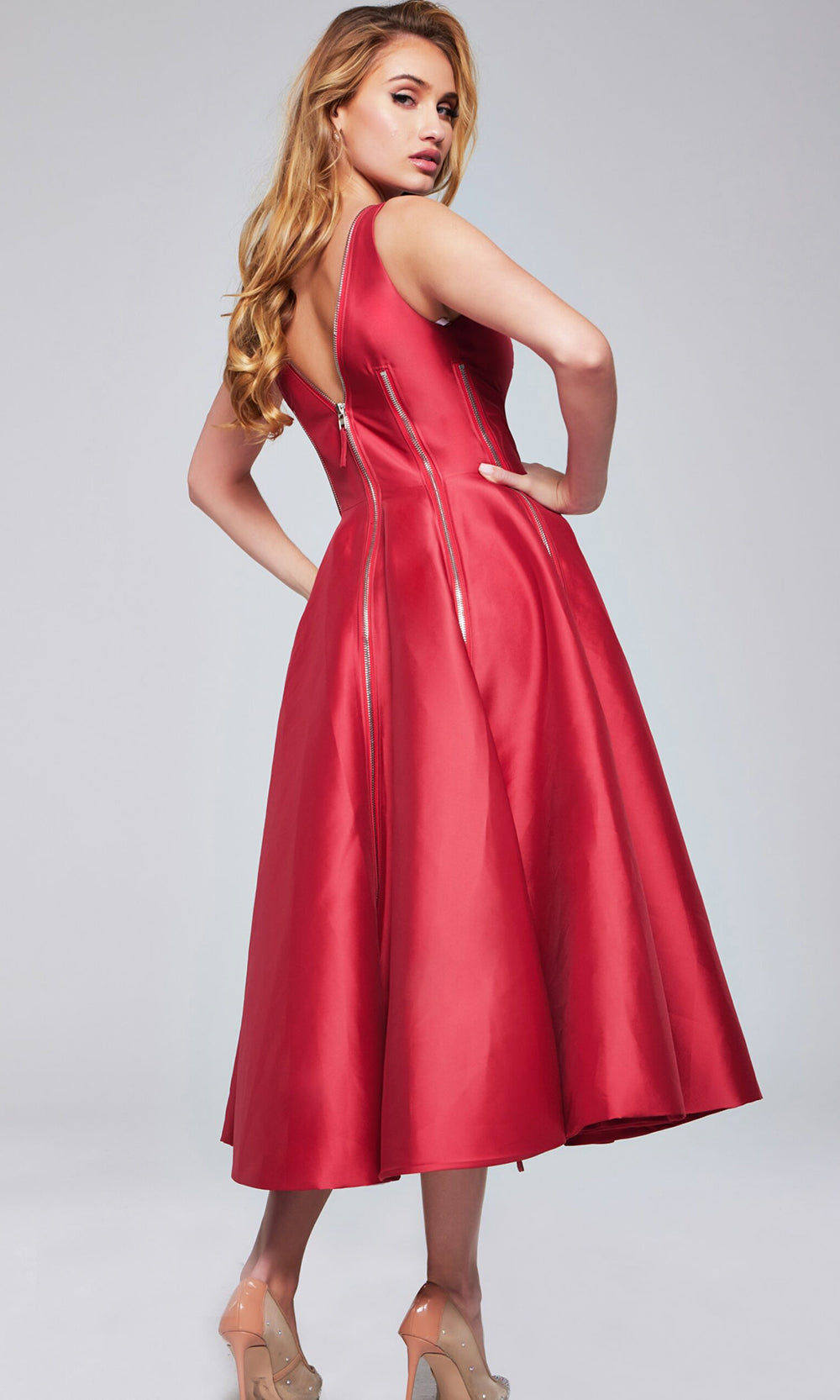 Jovani 37393 - Zippered V-Neck Mikado A-line Dress