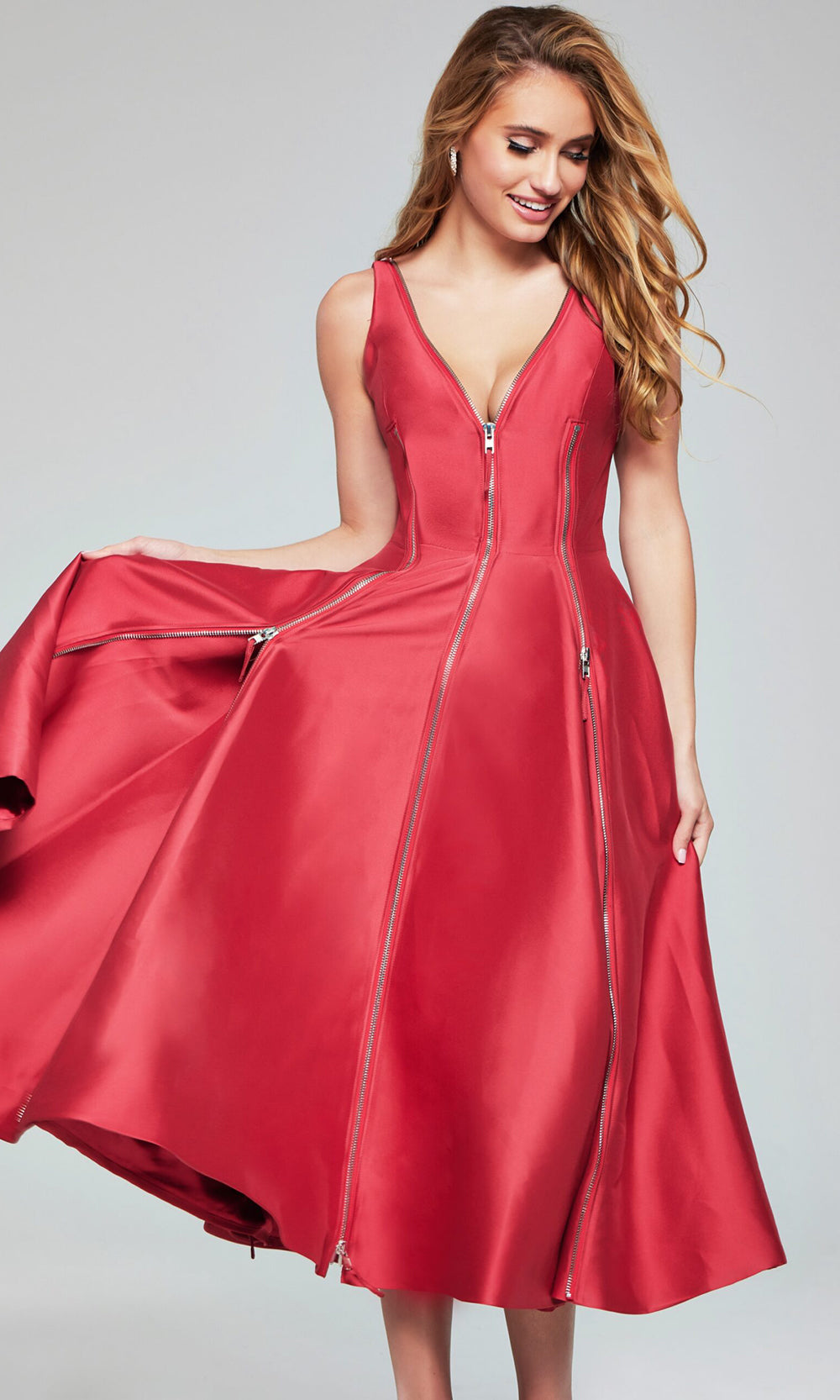 Jovani 37393 - Zippered V-Neck Mikado A-line Dress Homecoming Dresses