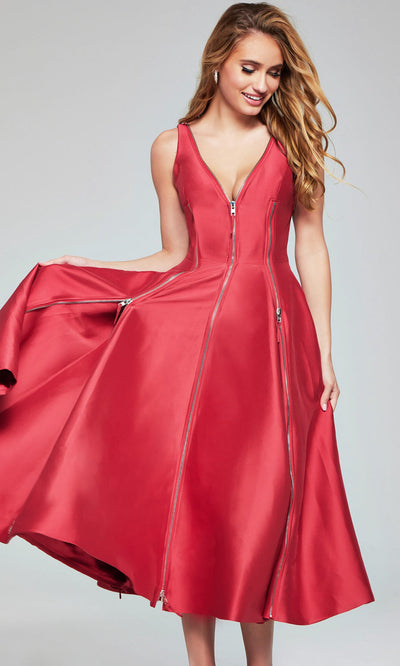Jovani 37393 - Zippered V-Neck Mikado A-line Dress Homecoming Dresses