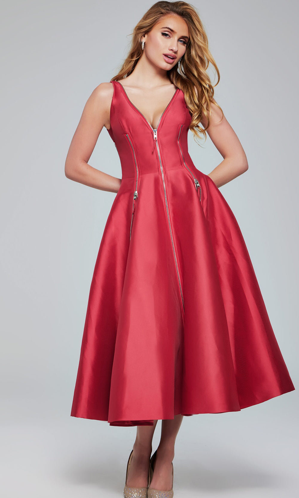 Jovani 37393 - Zippered V-Neck Mikado A-line Dress