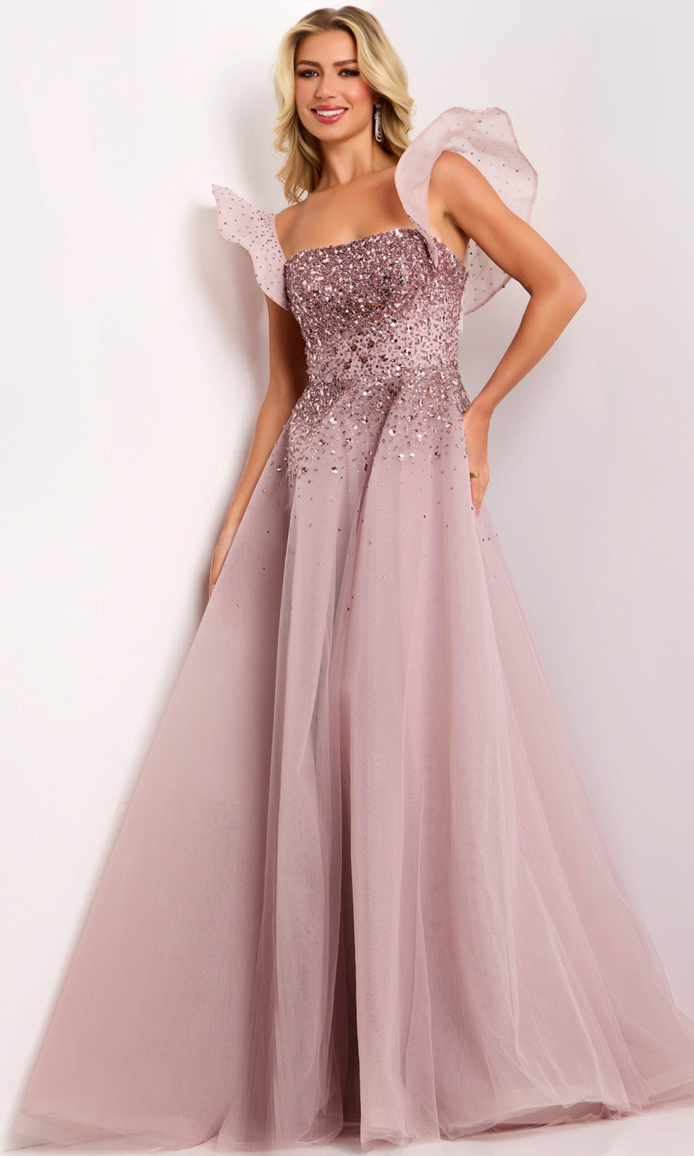 Jovani 37423 - Straight Neckline Tulle A-line Evening Gown Formal Gowns