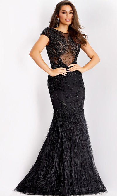 Jovani 37542 - Short Sleeve Feather Skirt Trumpet Gown Formal Gowns