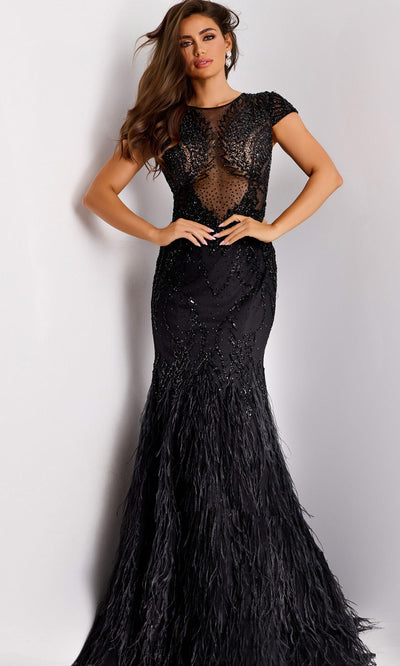 Jovani 37542 - Short Sleeve Feather Skirt Trumpet Gown Formal Gowns