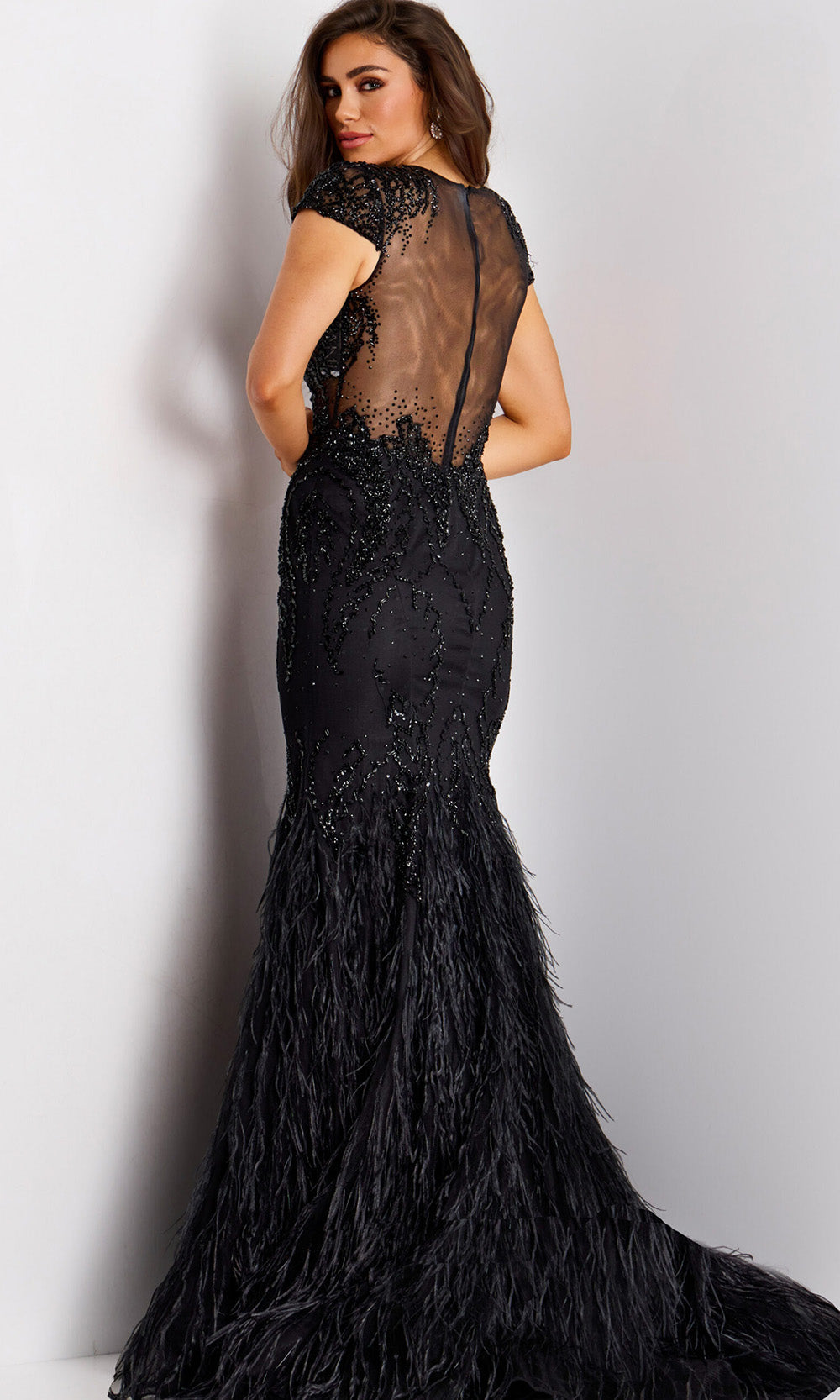 Jovani 37542 - Short Sleeve Feather Skirt Trumpet Gown Formal Gowns
