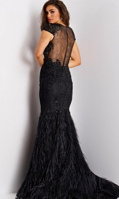 Jovani 37542 - Short Sleeve Feather Skirt Trumpet Gown Formal Gowns