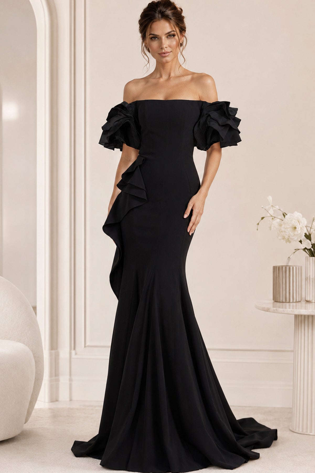 Jovani 37674 - Off-Shoulder Ruffled Detailed Evening Gown