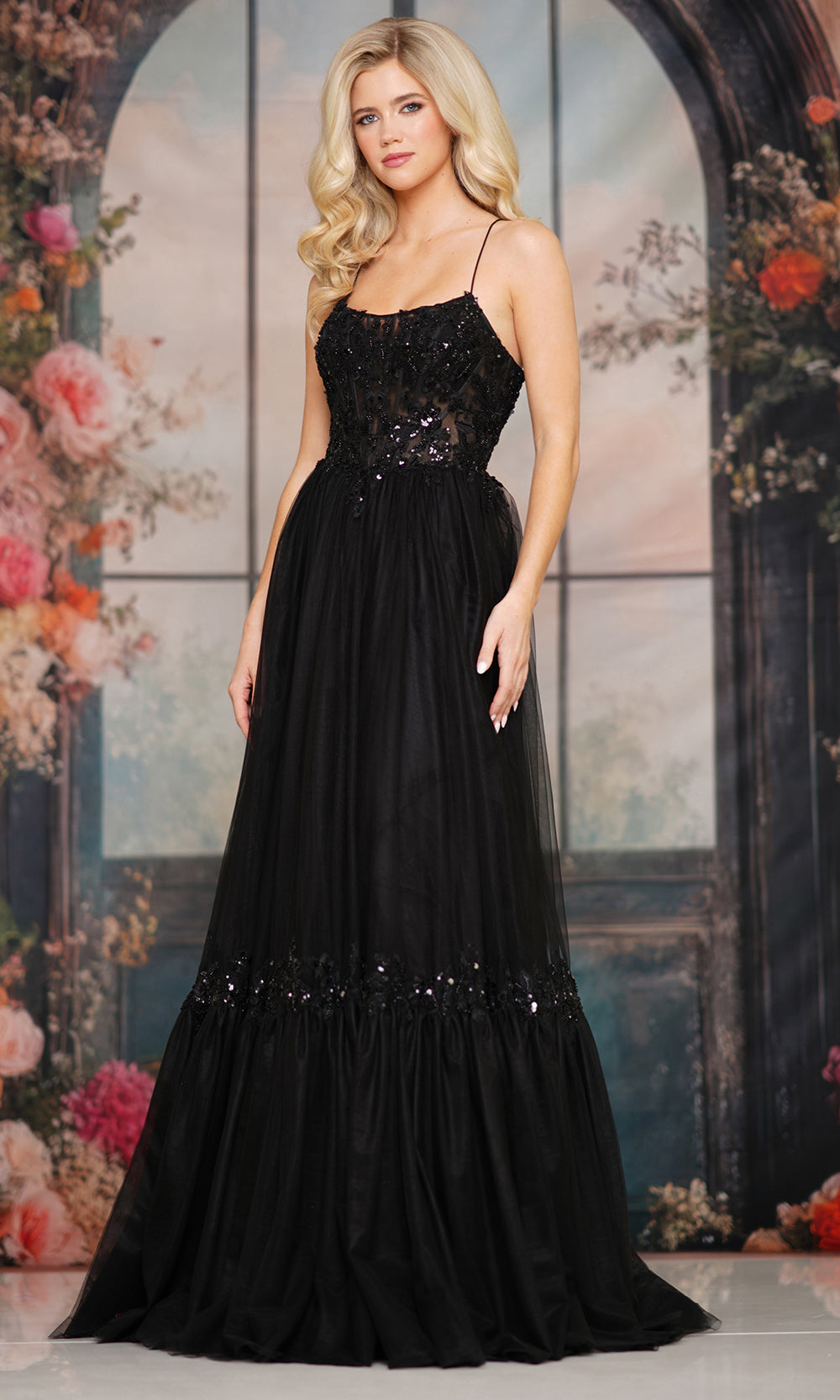 Colors Dress 3799 - Tiered Hem Lace Applique Gown Prom Dresses