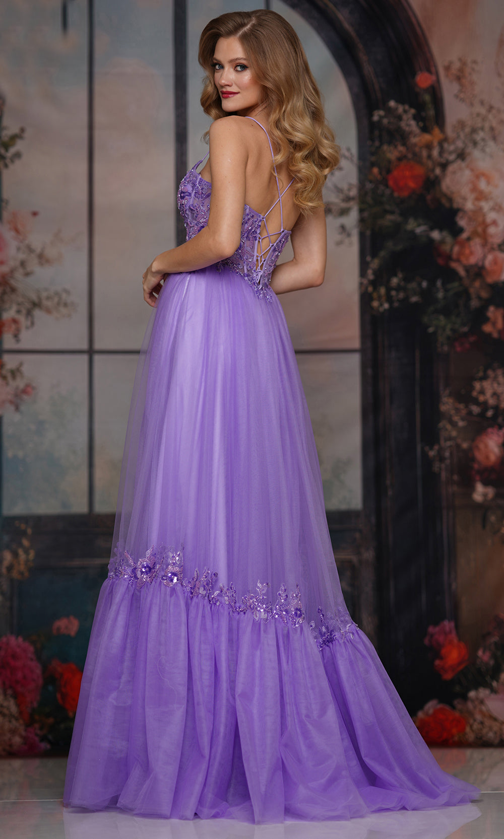 Colors Dress 3799 - Tiered Hem Lace Applique Gown Prom Dresses
