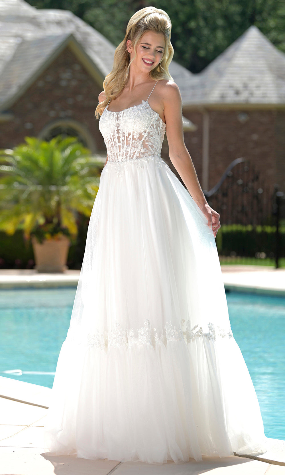 Colors Dress 3799 - Tiered Hem Lace Applique Gown Prom Dresses