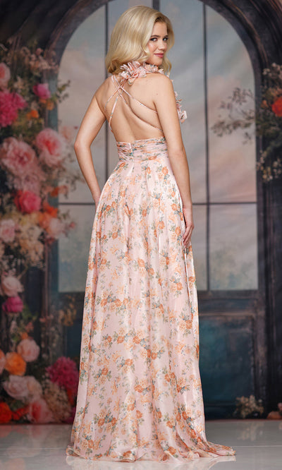 Colors Dress 3807 - V-Neckline Floral Gown with Ruched Waist Prom Dresses