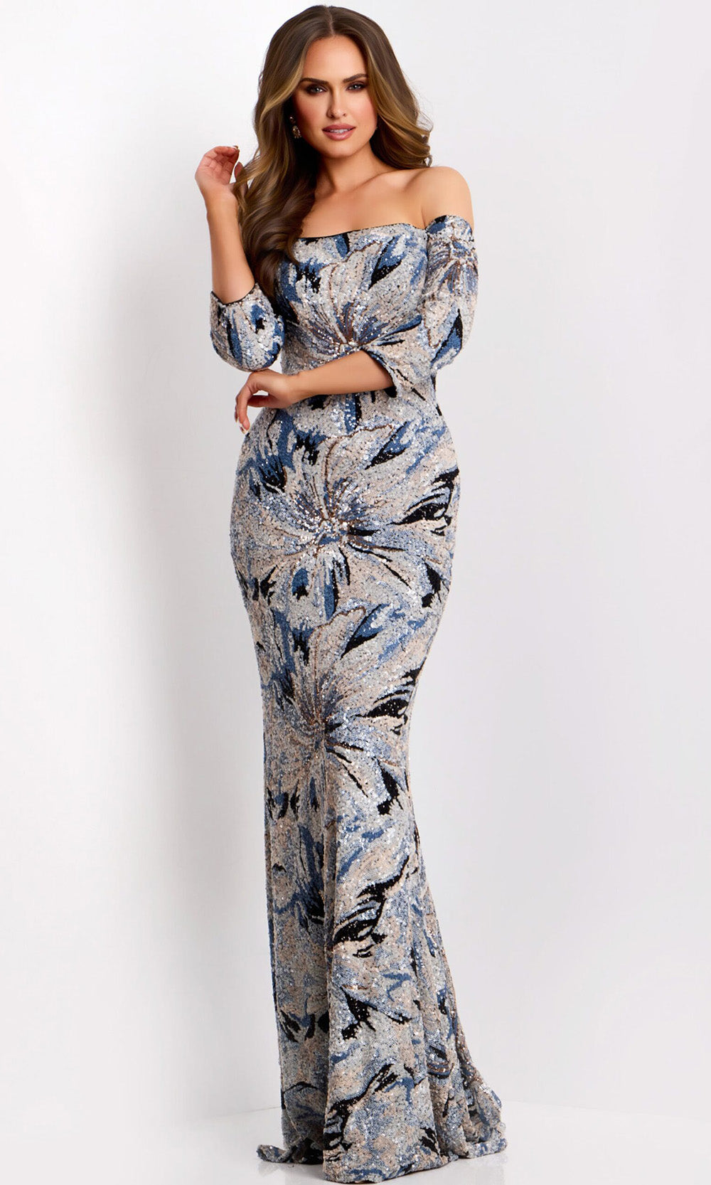 Jovani 38109 - Sequin Ornate Three-Quarter Sleeve Gown Formal Gowns