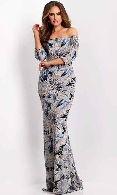 Jovani 38109 - Sequin Ornate Three-Quarter Sleeve Gown Formal Gowns