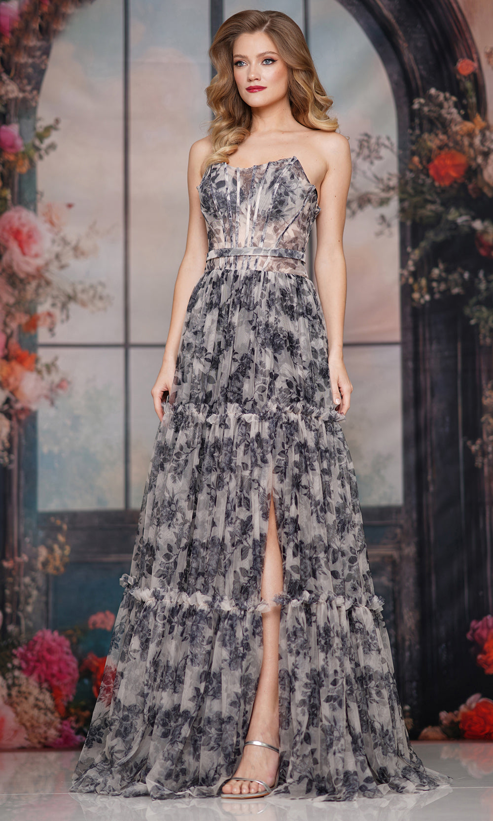 Colors Dress 3810 - Scoop Neck Floral Printed Gown Prom Dresses