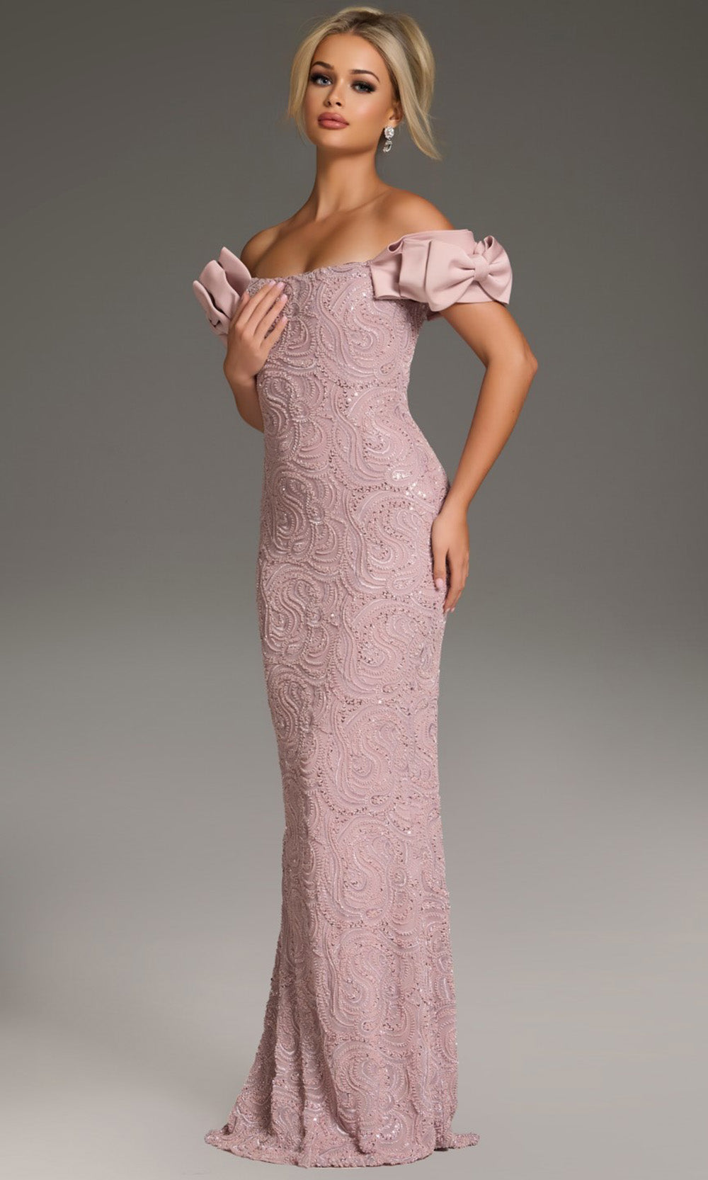 Jovani 38112 - Bow Sleeve Embellished Sheath Gown