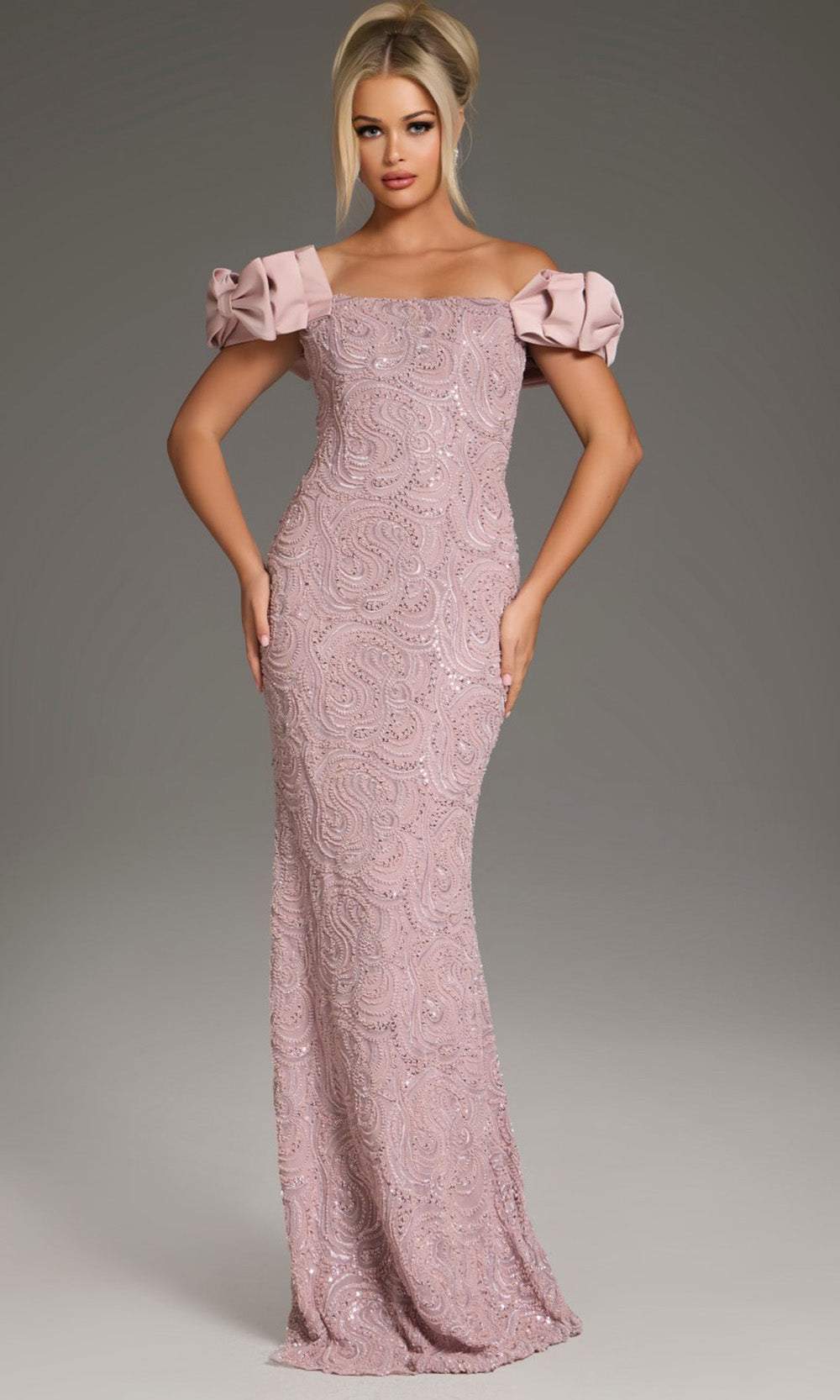 Jovani 38112 - Bow Sleeve Embellished Sheath Gown