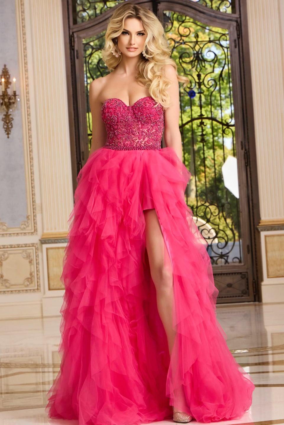 Jovani 40816 - Beaded Ornate Ruffle Ballgown Ball Gowns  in Hot Pink 