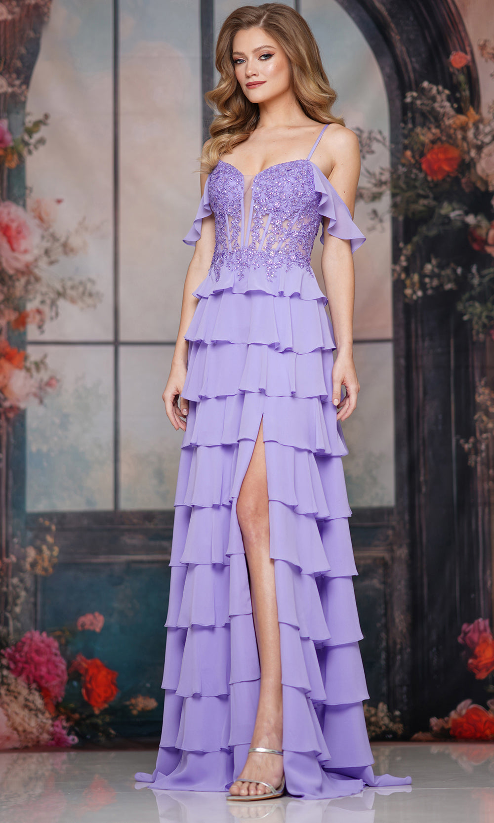 Colors Dress 3820 - Cold Shoulder Tiered Evening Gown Prom Dresses