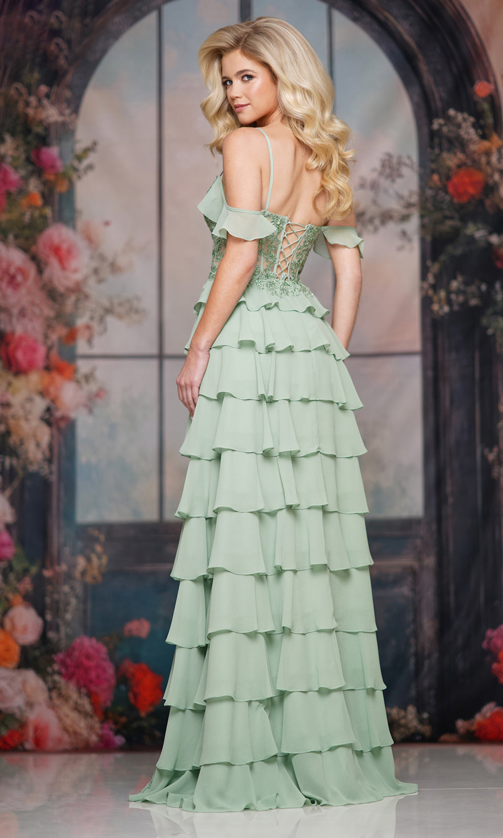 Colors Dress 3820 - Cold Shoulder Tiered Evening Gown Prom Dresses