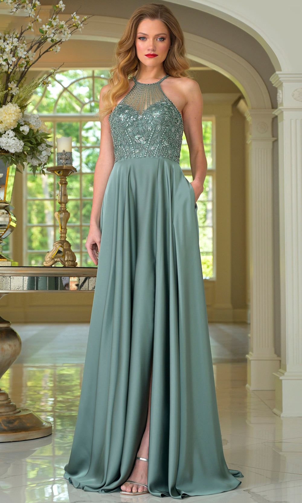 Colors Dress 3822 - Long A-line Dress - Beaded Top, Illusion Bodice, High Slit, Pocket, Cutout Back, Sweep Train, Sleeveless 18 / Deep Sage Colors Dress 3822 - Long A-line Dress - Beaded Top, Illusion Bodice, High Slit, Pocket, Cutout Back, Sweep Train, Sleeveless 18 / Deep Sage