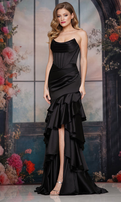 Colors Dress 3823 - Draped Neckline Tiered Long Gown Prom Dresses