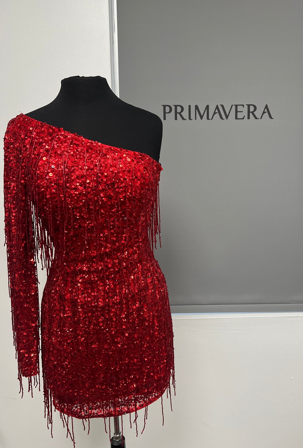 Primavera Couture 3858 - Fringed Long Sleeve Cocktail Dress