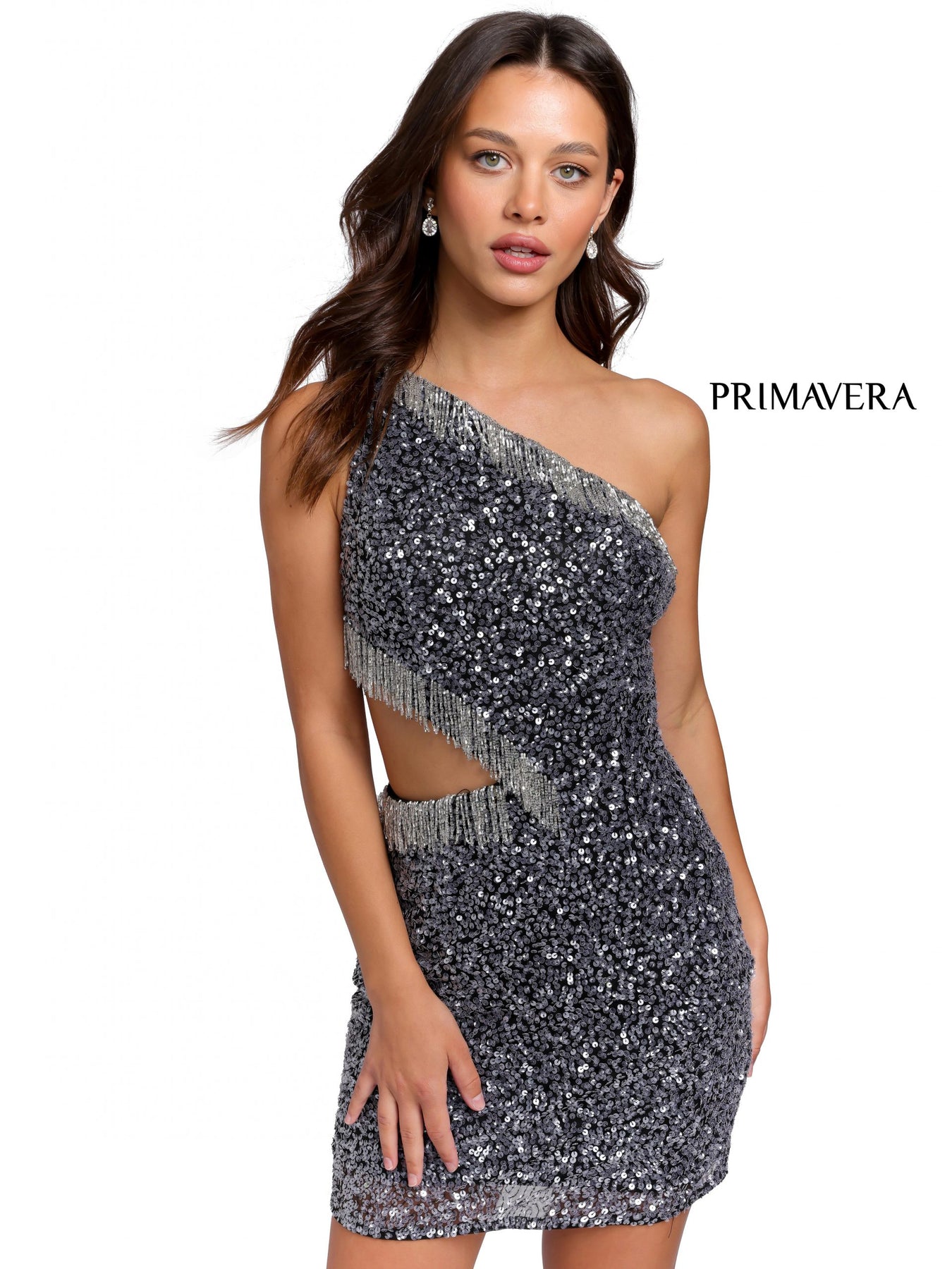 Primavera Couture 3863 - Fringed Asymmetric Neck Cocktail Dress