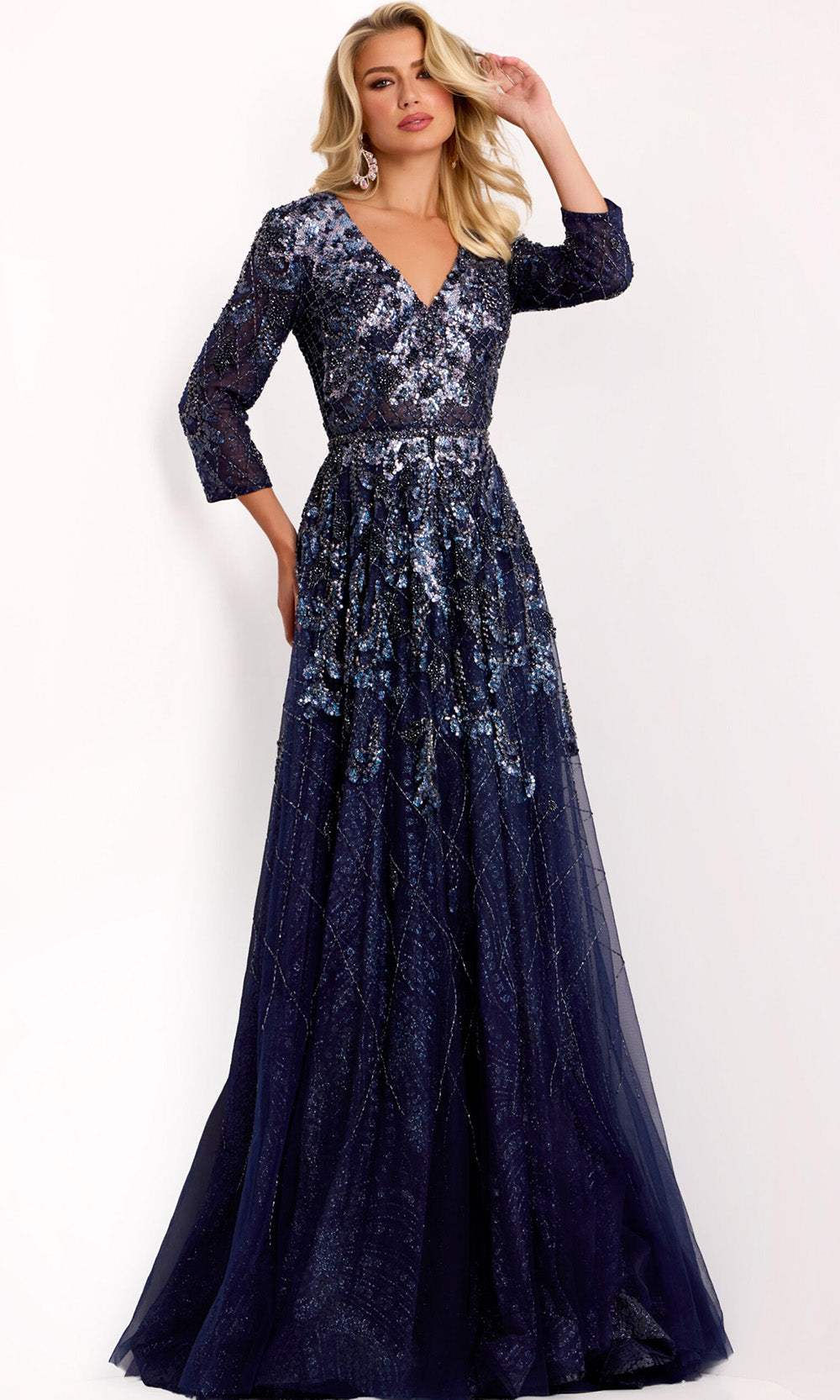 Jovani 38756 - Three-Quarter Sleeve Formal A-Line Gown