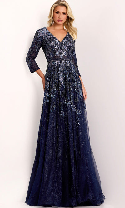 Jovani 38756 - Three-Quarter Sleeve Formal A-Line Gown Formal Gowns