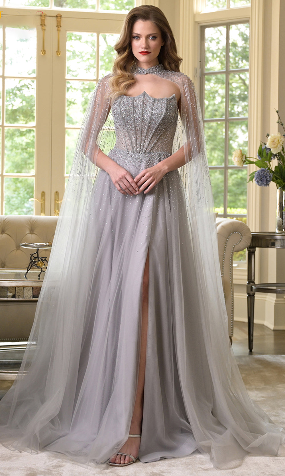 Colors Dress 3879 - Embellished High Slit Gown with Cape Prom Dresses