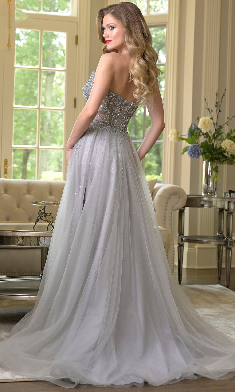 Colors Dress 3879 - Embellished High Slit Gown with Cape Prom Dresses