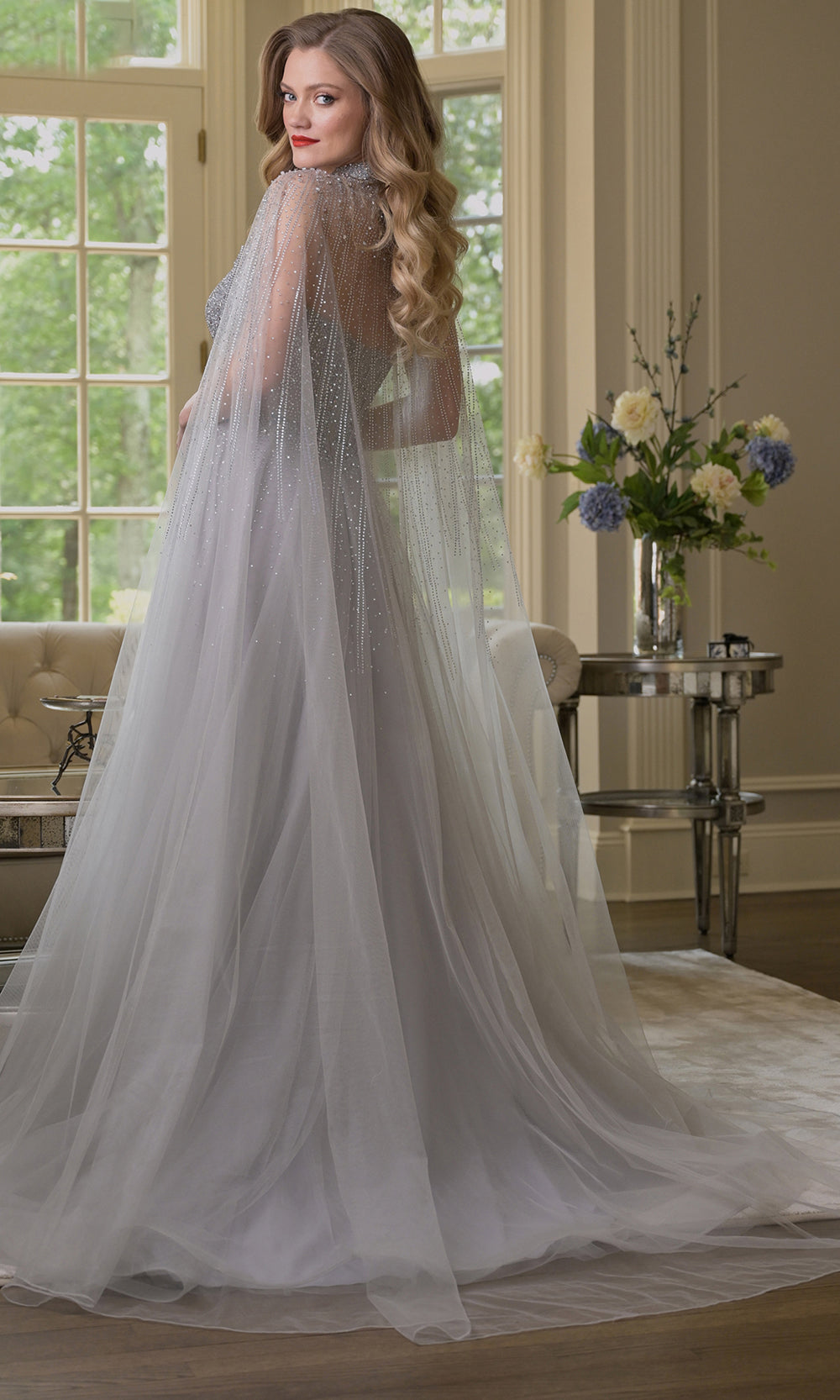 Colors Dress 3879 - Embellished High Slit Gown with Cape Prom Dresses