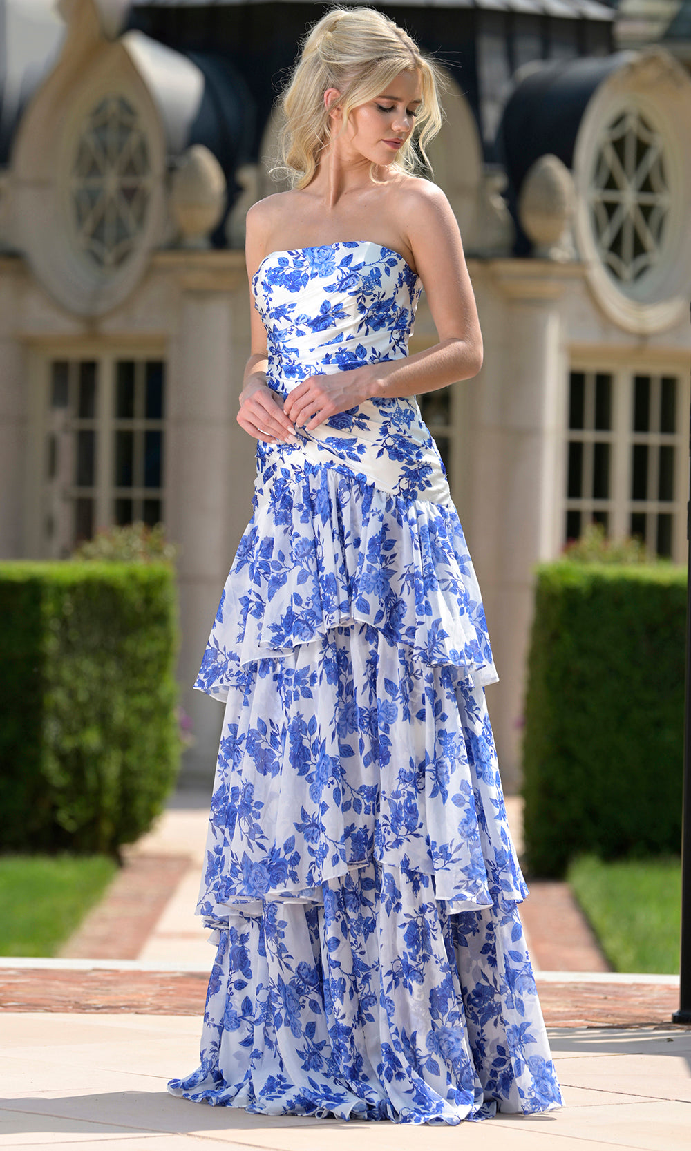 Colors Dress 3888 - Romantic Strapless Print Satin Gown Prom Dresses